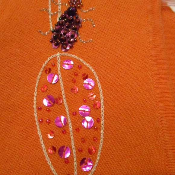 Central Falls Women's Orange Cardigan Sweater Embellished w/Flowers & Ants - Picture 4 of 8